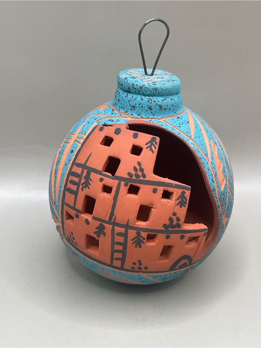 VTG Signed Pueblo Mexican Terracotta Clay Village 3” Ornament Turquoise Color
